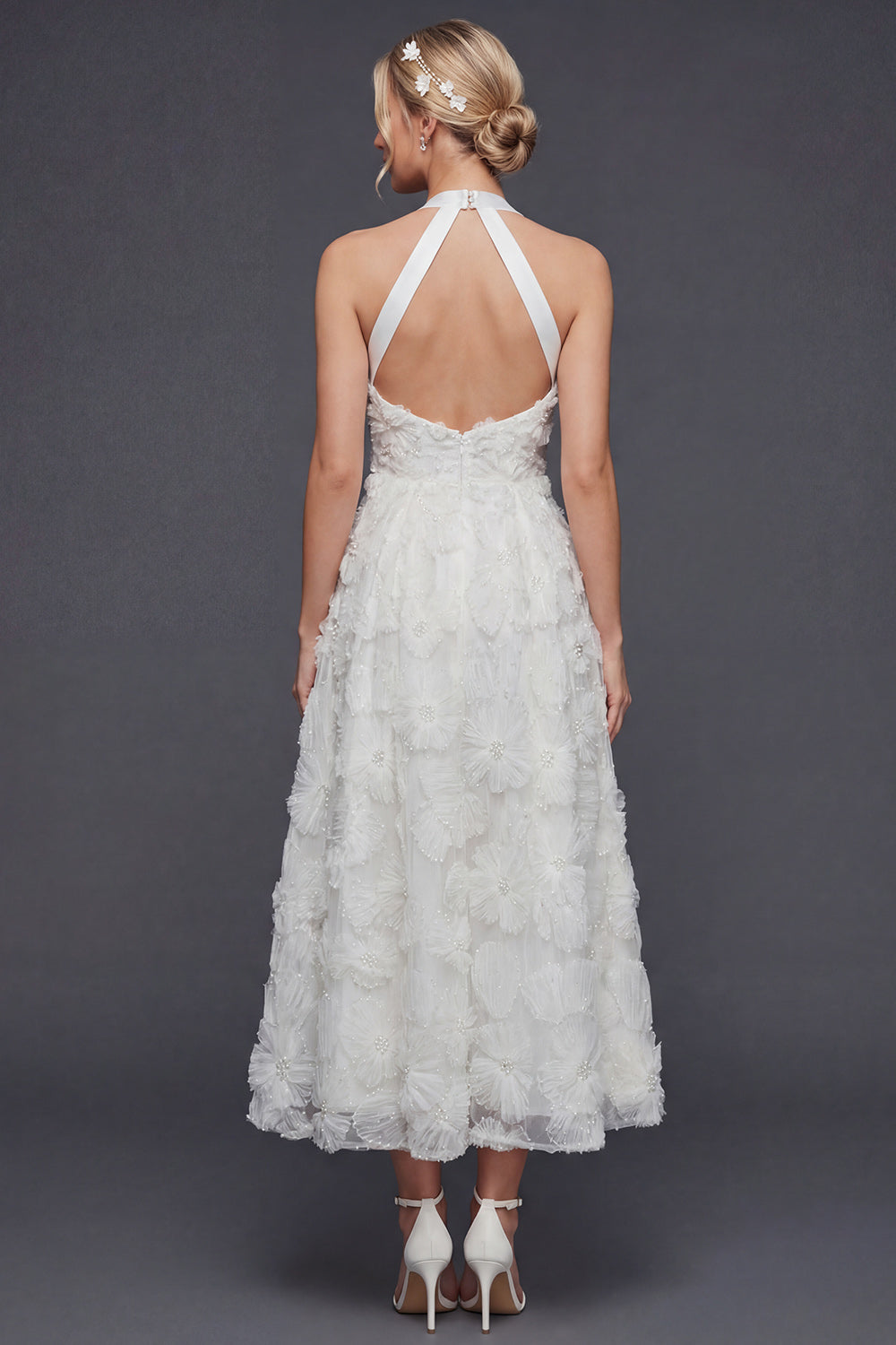 White Halter A Line Maxi Floral Boho Wedding Reception Dress