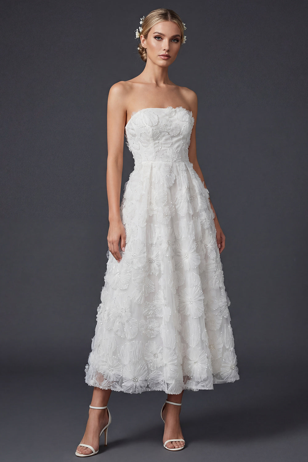 White Strapless A Line Floral Maxi Boho Wedding Reception Dress