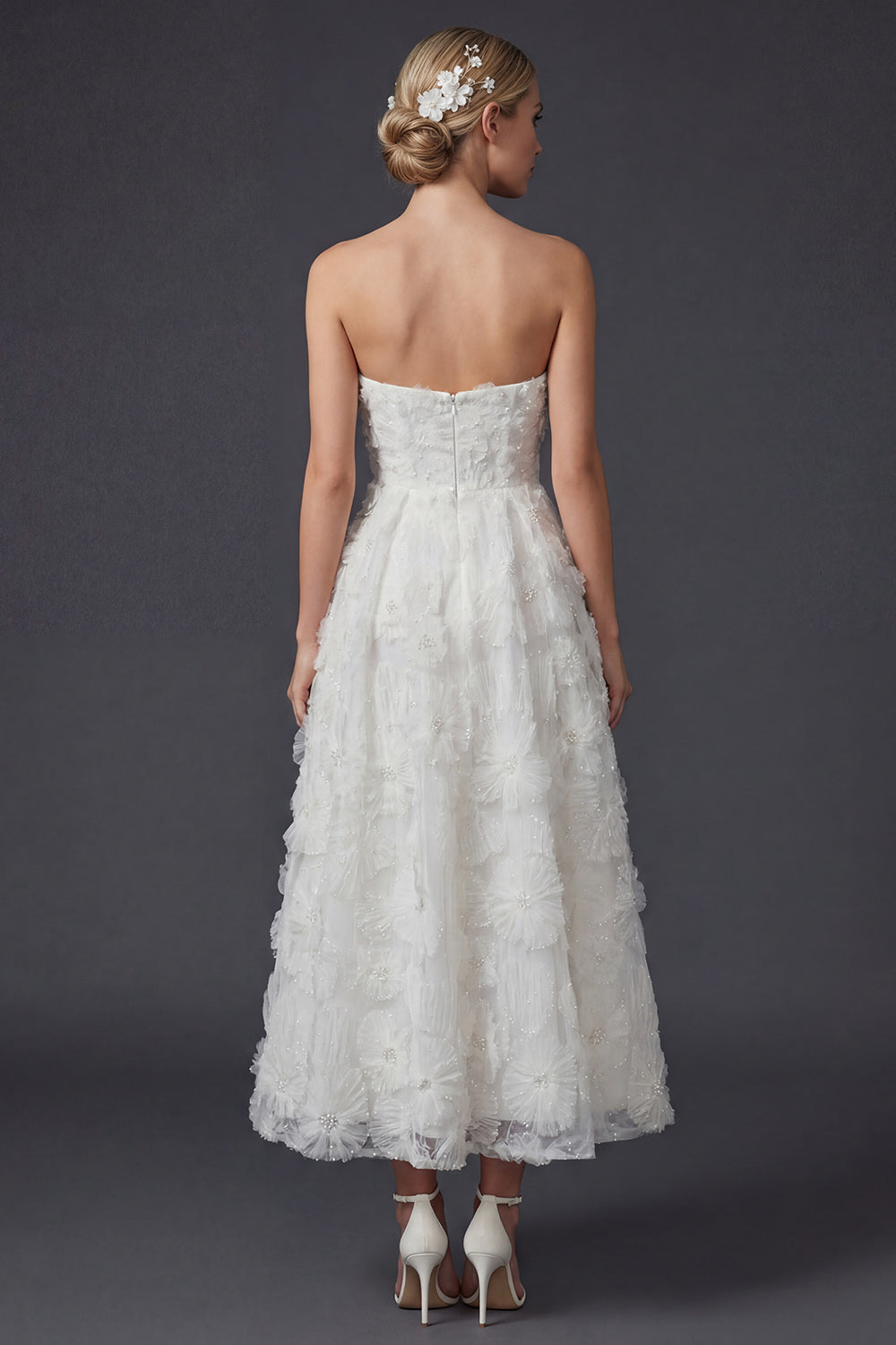 White Strapless A Line Floral Maxi Boho Wedding Reception Dress