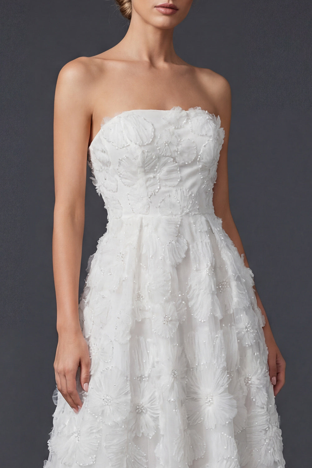 White Strapless A Line Floral Maxi Boho Wedding Reception Dress