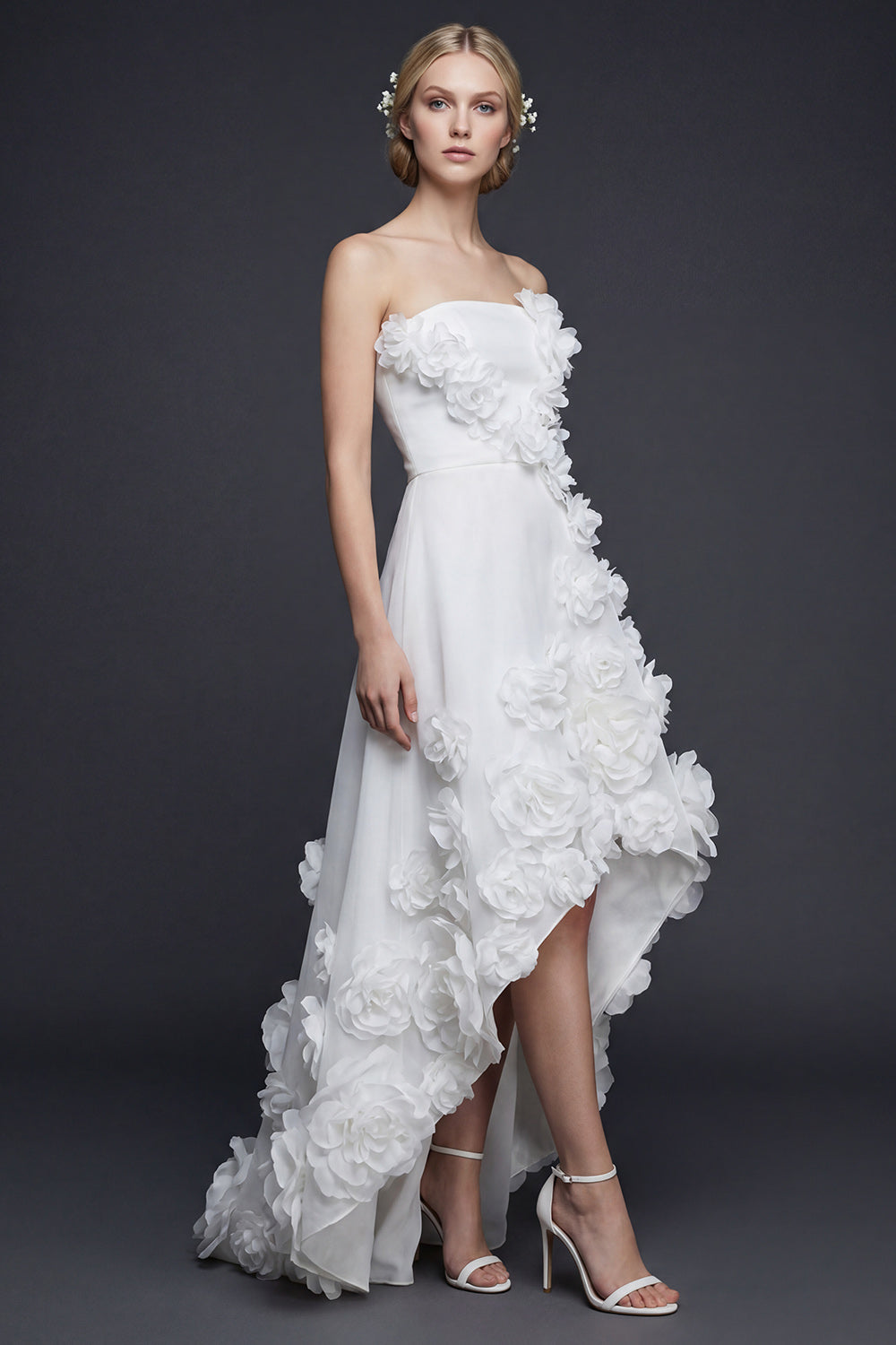 White Strapless High-Low A Line Boho Wedding Dress with 3D Flowers