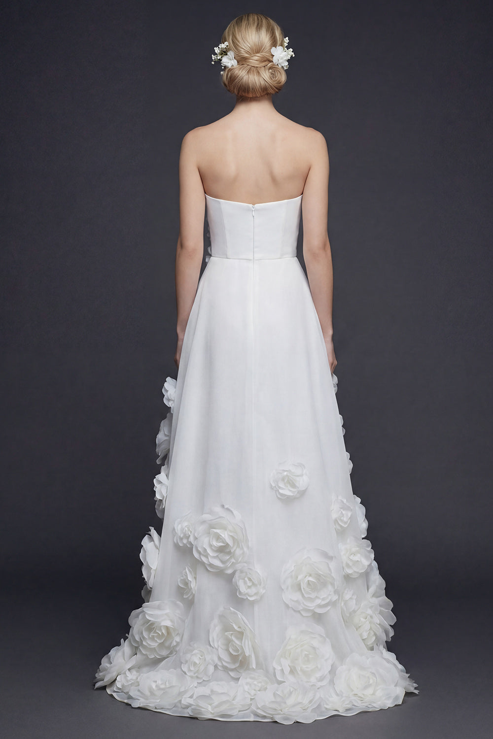 White Strapless High-Low A Line Boho Wedding Dress with 3D Flowers