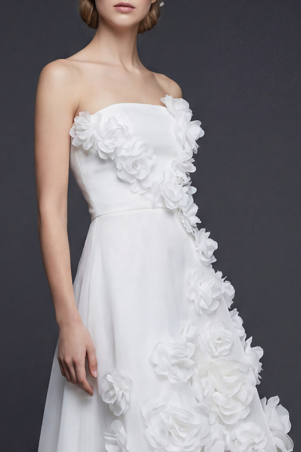 White Strapless High-Low A Line Boho Wedding Dress with 3D Flowers