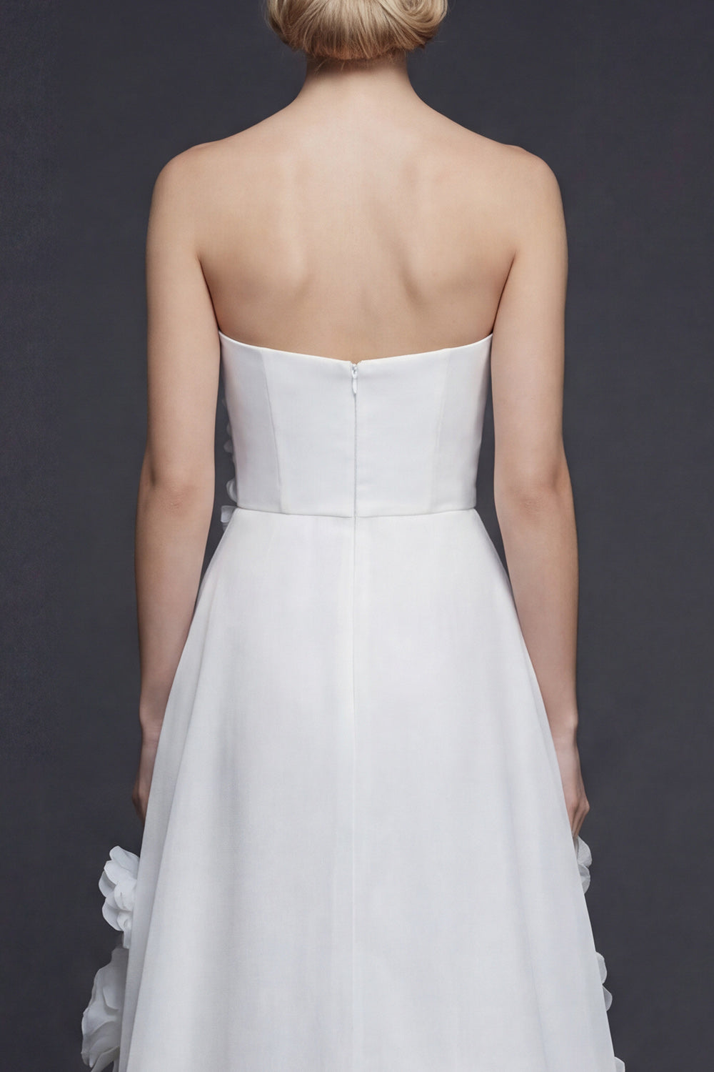 White Strapless High-Low A Line Boho Wedding Dress with 3D Flowers