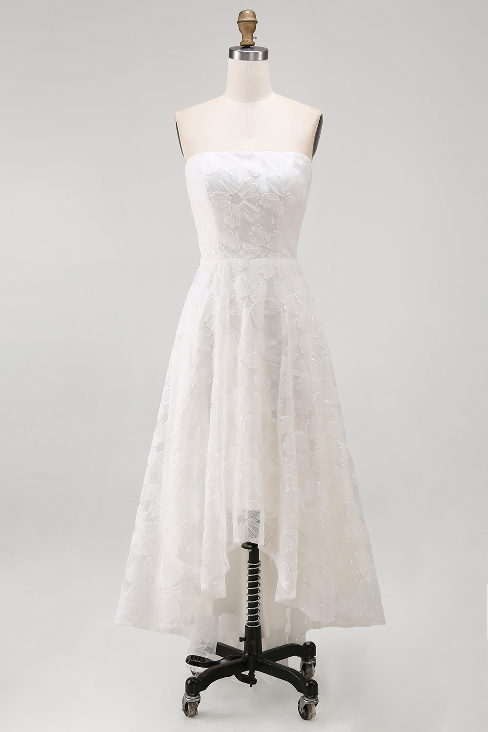 White Strapless A Line High-Low Floral Boho Wedding Reception Dress