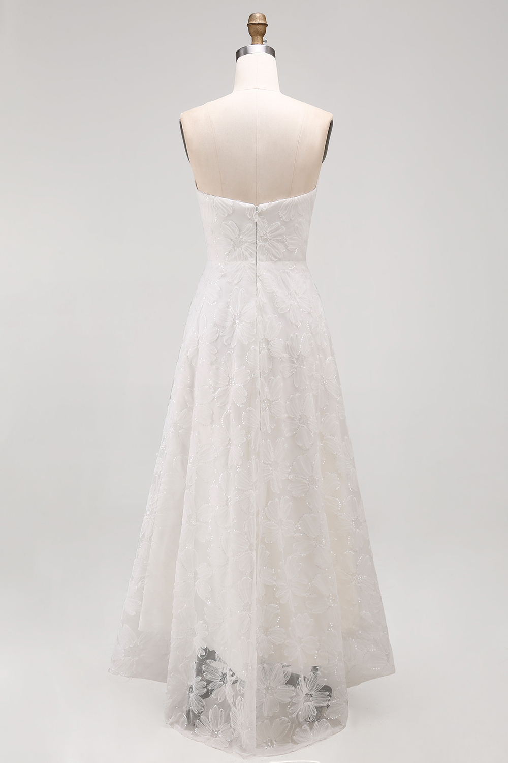 White Strapless A Line High-Low Floral Boho Wedding Reception Dress