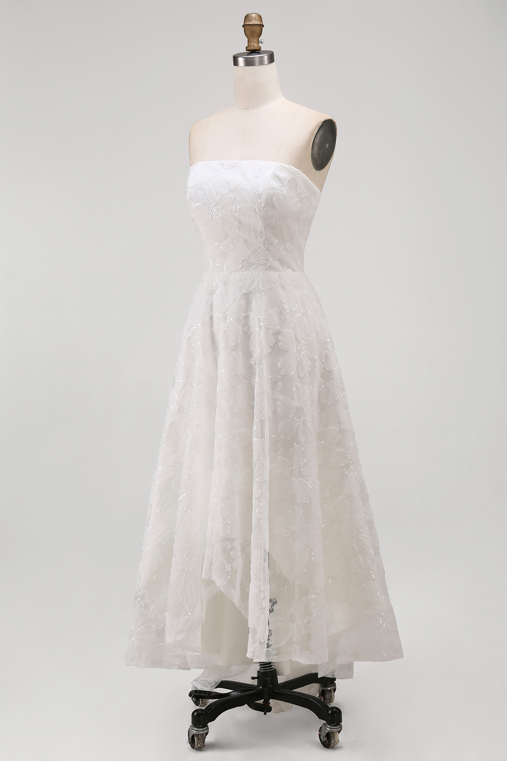 White Strapless A Line High-Low Floral Boho Wedding Reception Dress