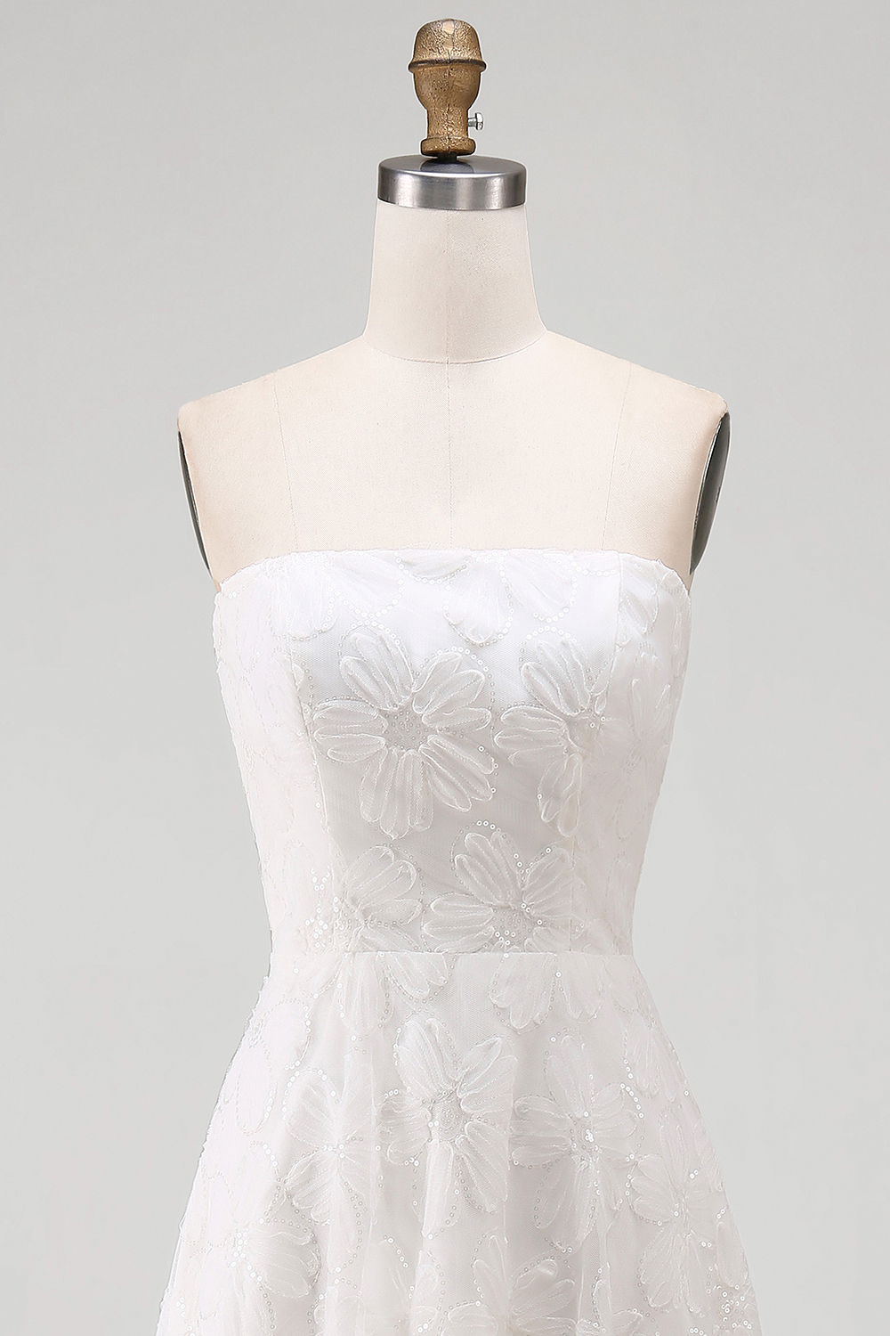 White Strapless A Line High-Low Floral Boho Wedding Reception Dress