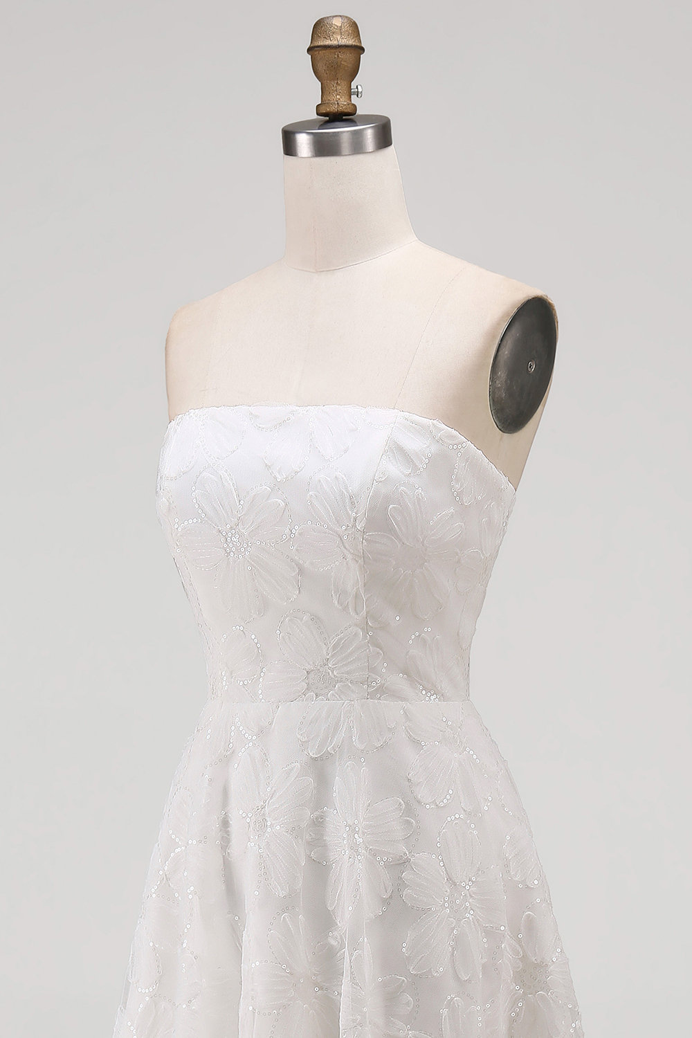 White Strapless A Line High-Low Floral Boho Wedding Reception Dress