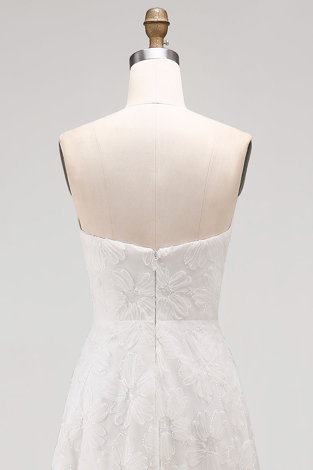 White Strapless A Line High-Low Floral Boho Wedding Reception Dress