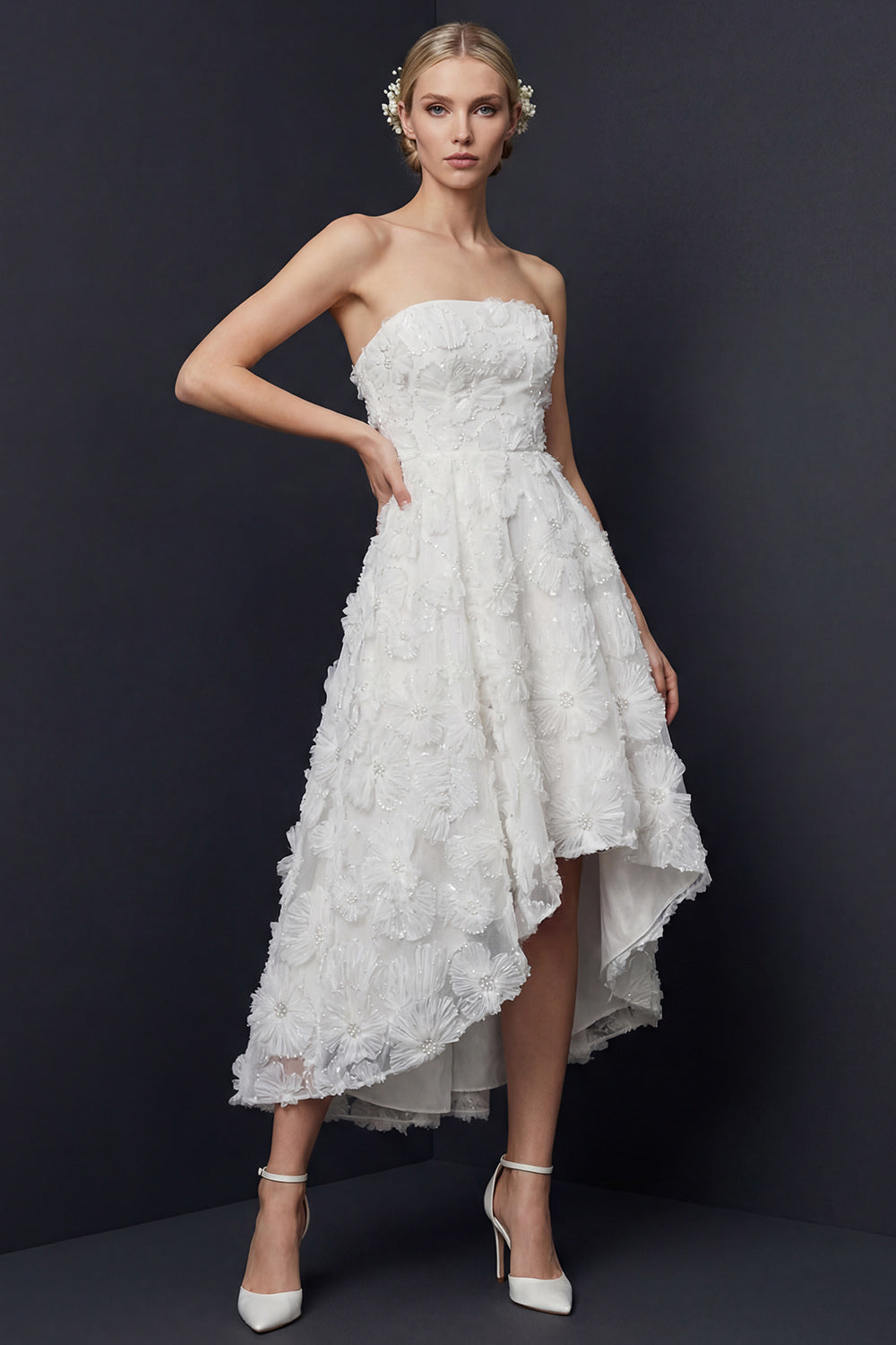 White Strapless A Line High-Low Floral Boho Wedding Reception Dress