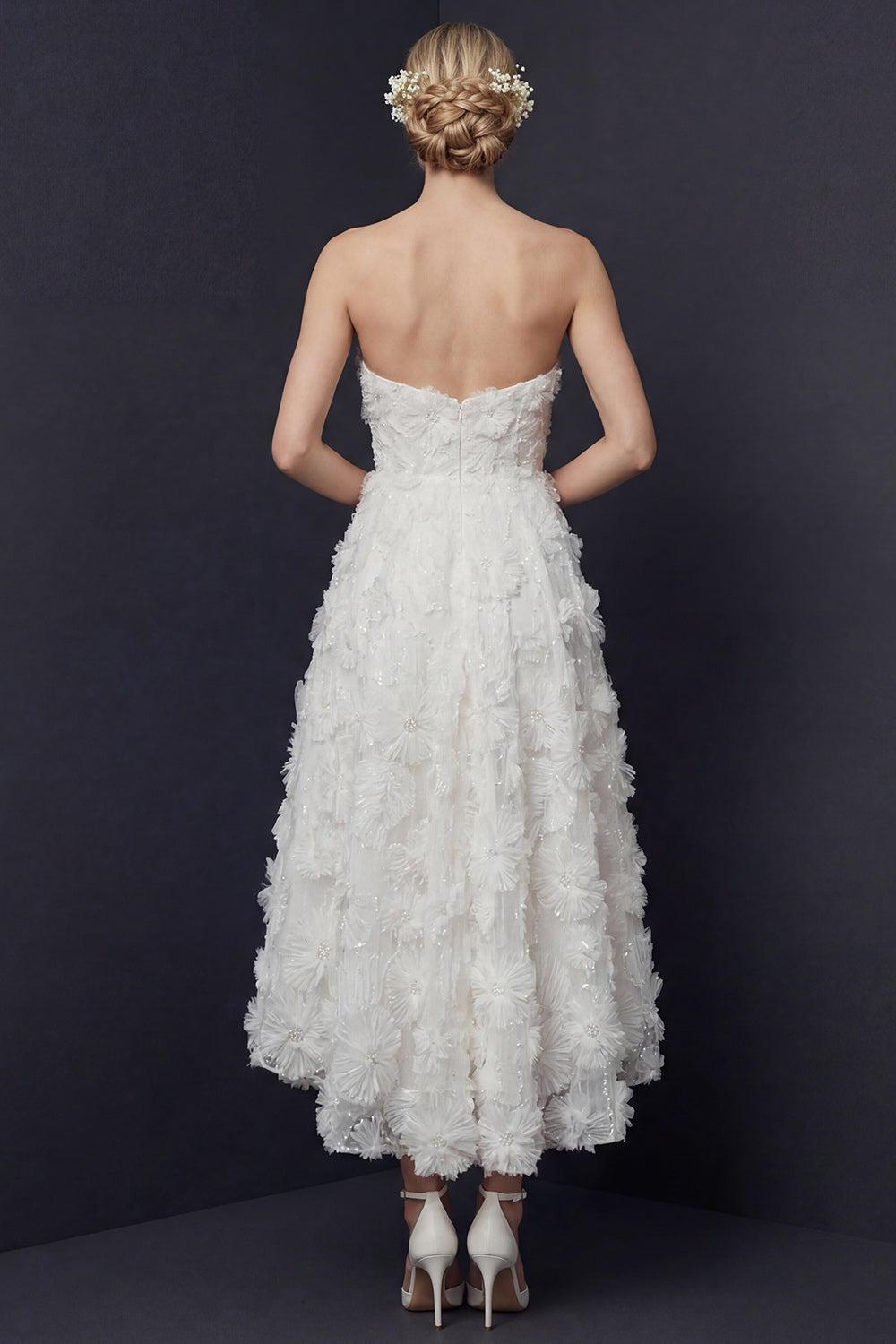White Strapless A Line High-Low Floral Boho Wedding Reception Dress