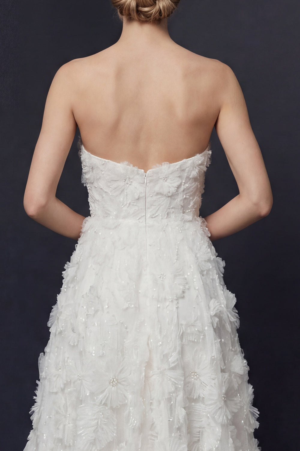 White Strapless A Line High-Low Floral Boho Wedding Reception Dress