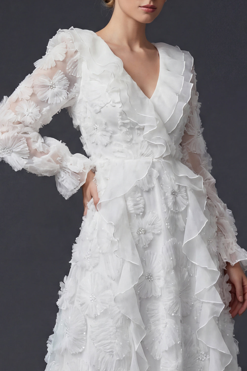 Sparkly White Maxi Floral Beaded Ruffled Boho Wedding Reception Dress with Sleeves