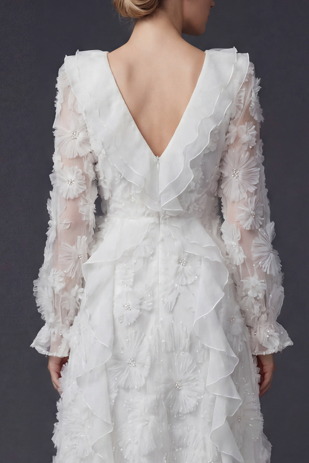Sparkly White Maxi Floral Beaded Ruffled Boho Wedding Reception Dress with Sleeves