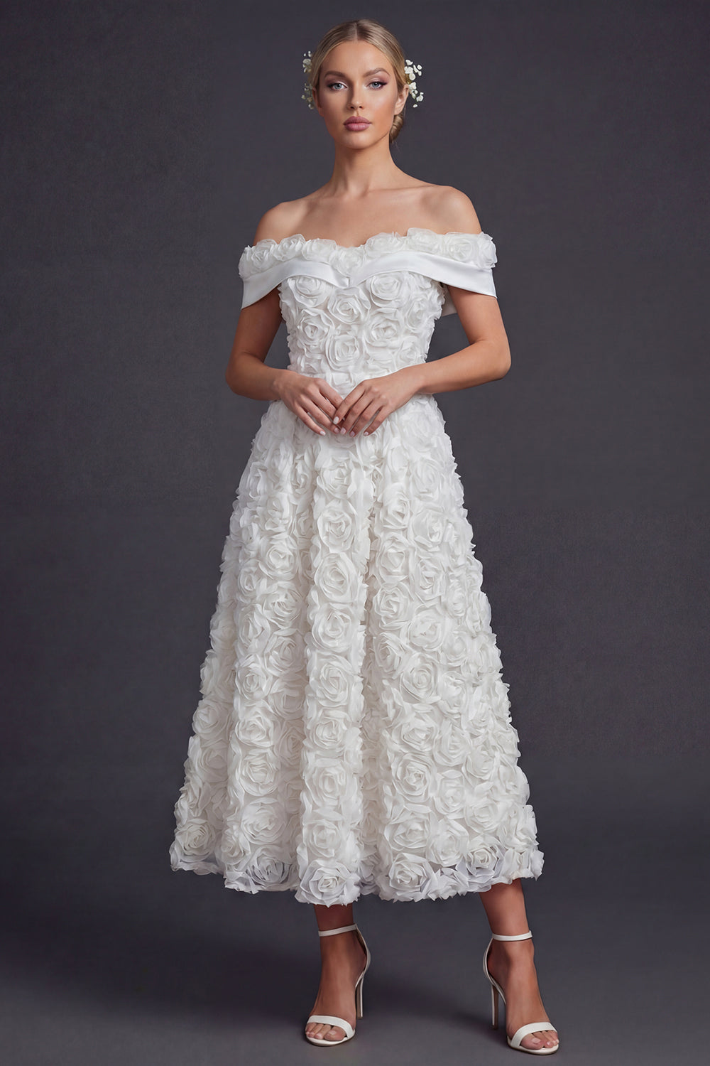 White Off the Shoulder A Line Maxi Boho Wedding Reception Dress with 3D Flowers