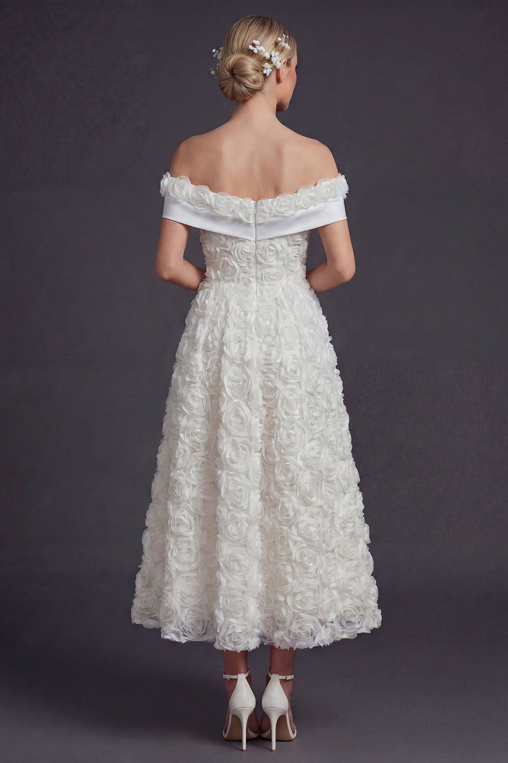 White Off the Shoulder A Line Maxi Boho Wedding Reception Dress with 3D Flowers