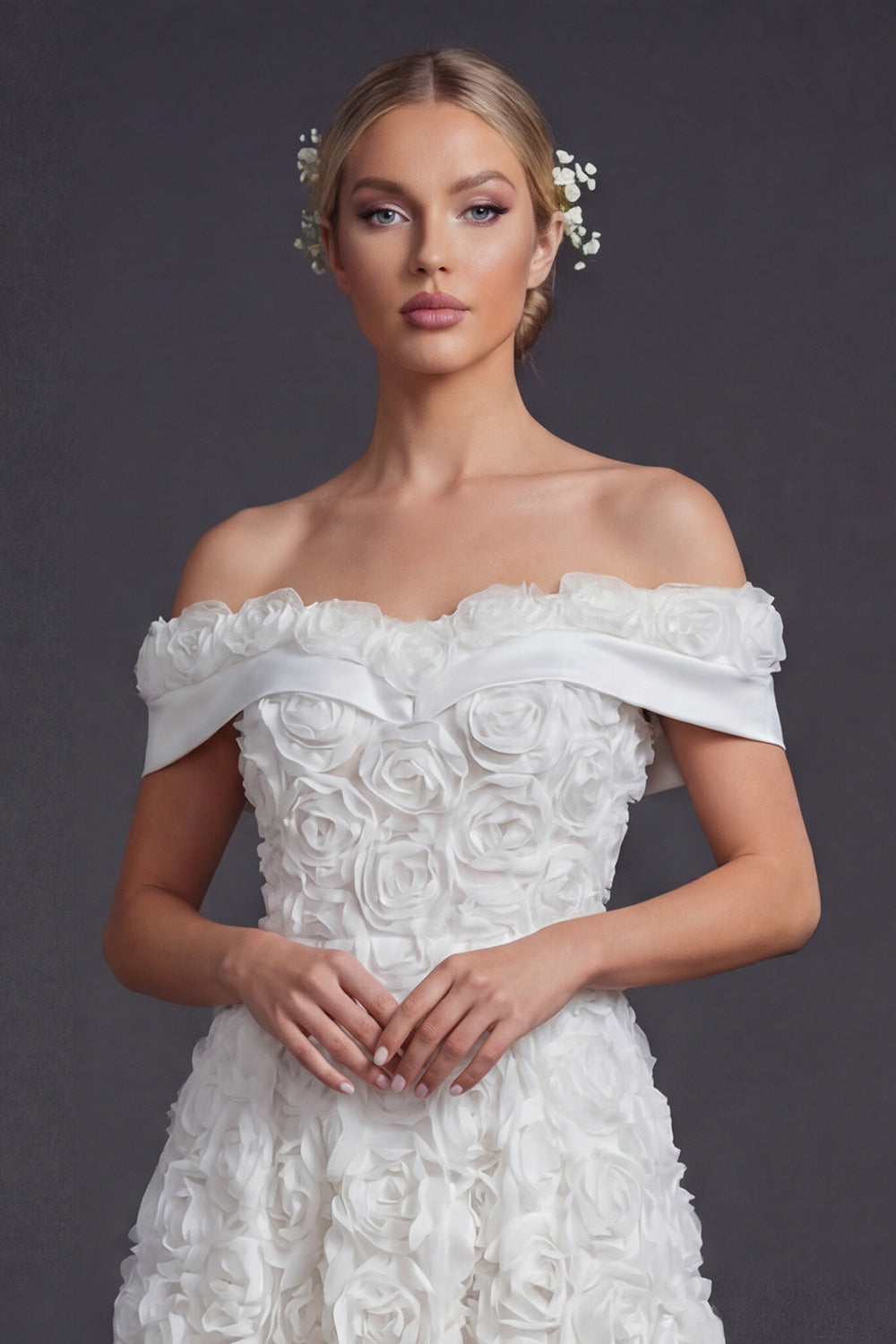 White Off the Shoulder A Line Maxi Boho Wedding Reception Dress with 3D Flowers