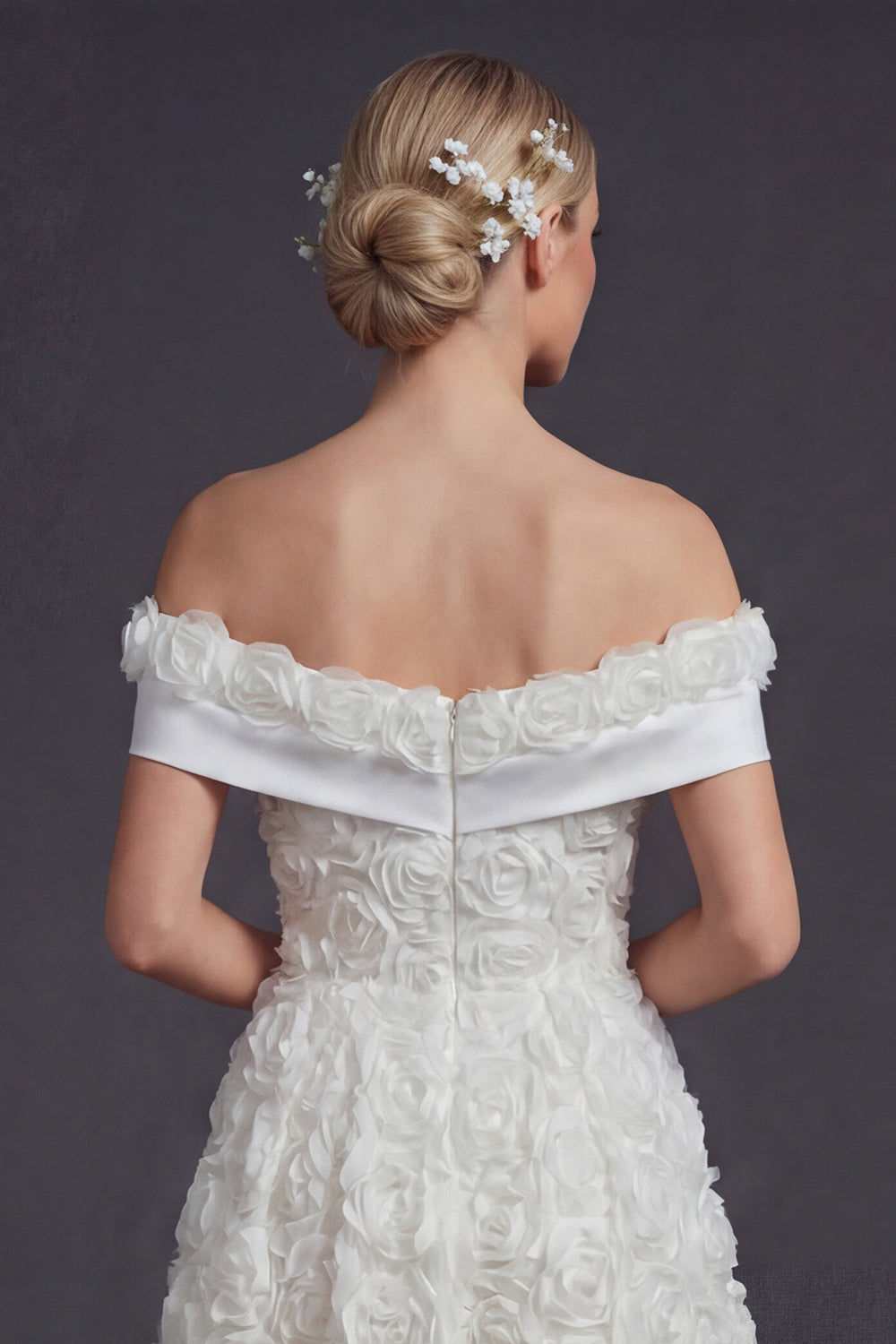 White Off the Shoulder A Line Maxi Boho Wedding Reception Dress with 3D Flowers
