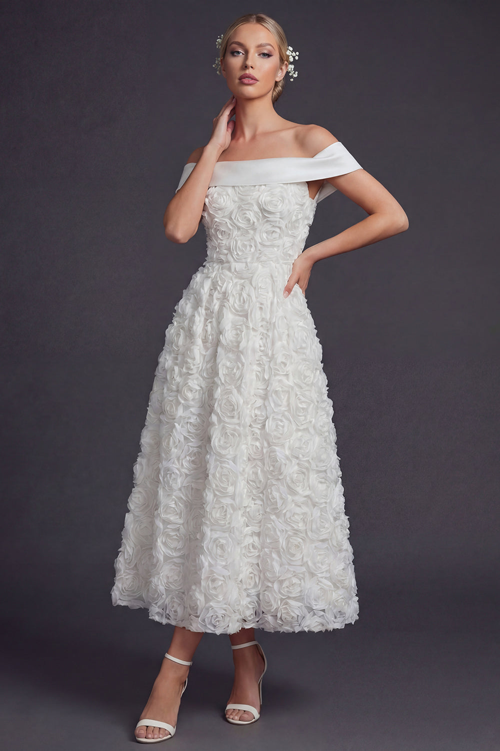 White Off the Shouler A Line Maxi Boho Wedding Reception Dress with 3D Flowers