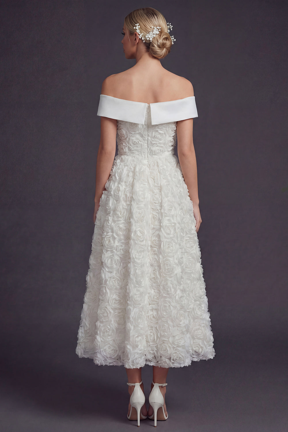 White Off the Shouler A Line Maxi Boho Wedding Reception Dress with 3D Flowers