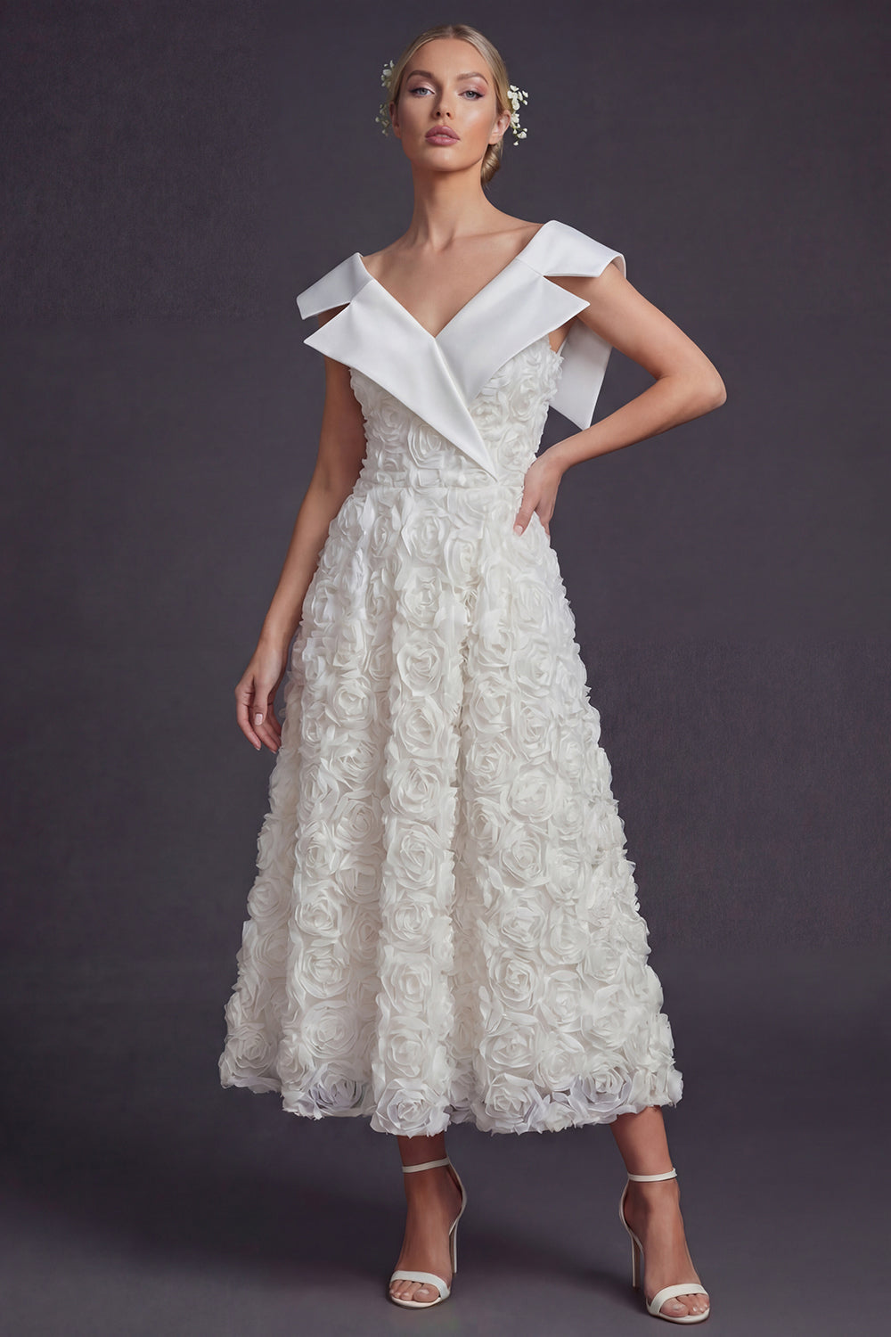 White V-Neck A Line Maxi Boho Wedding Reception Dress with 3D Flowers