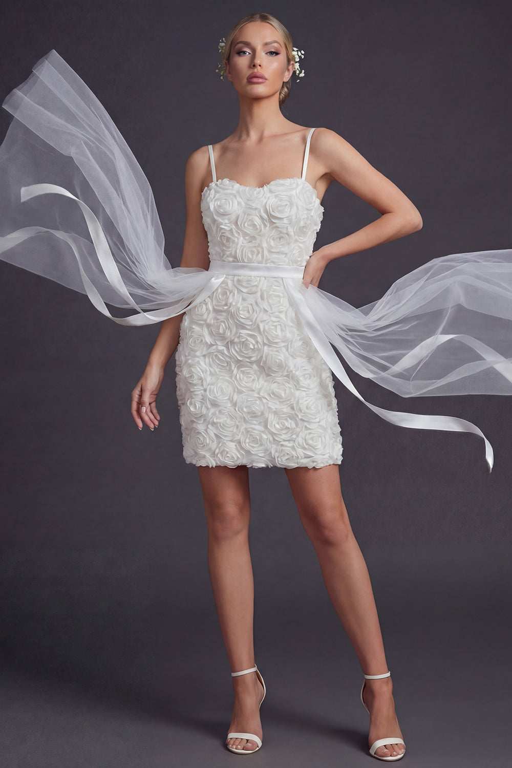 White Bodycon Floral Spaghetti Straps Short Boho Wedding Dress with Cape