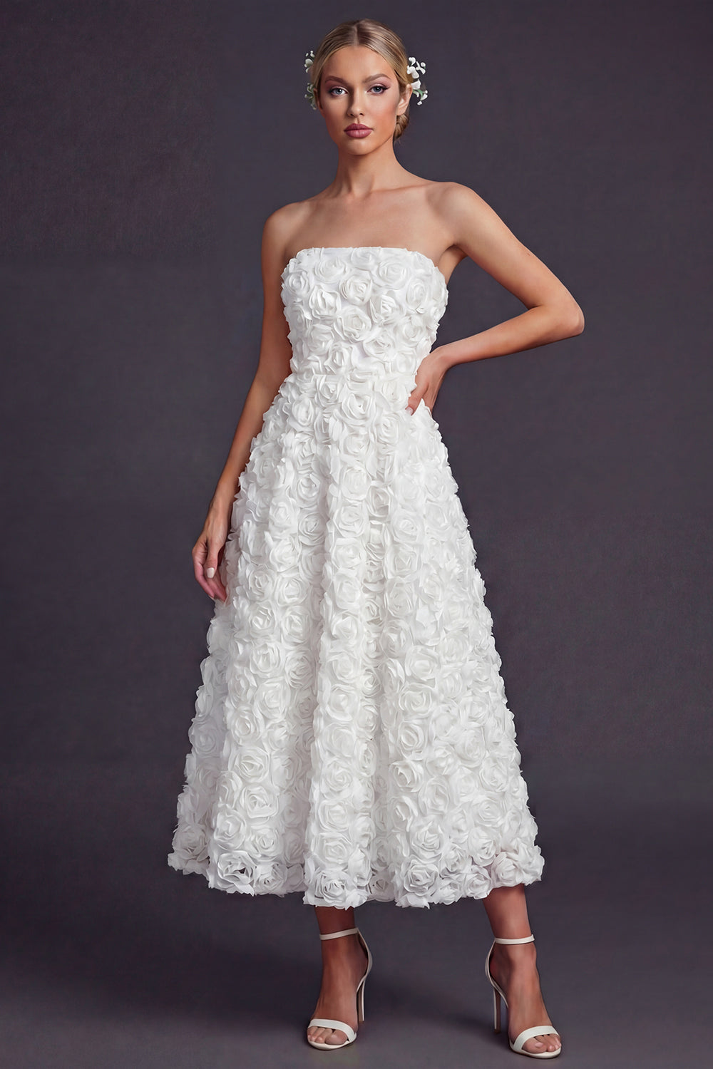 White Strapless A Line Maxi Boho Wedding Reception Dress with 3D Flowers