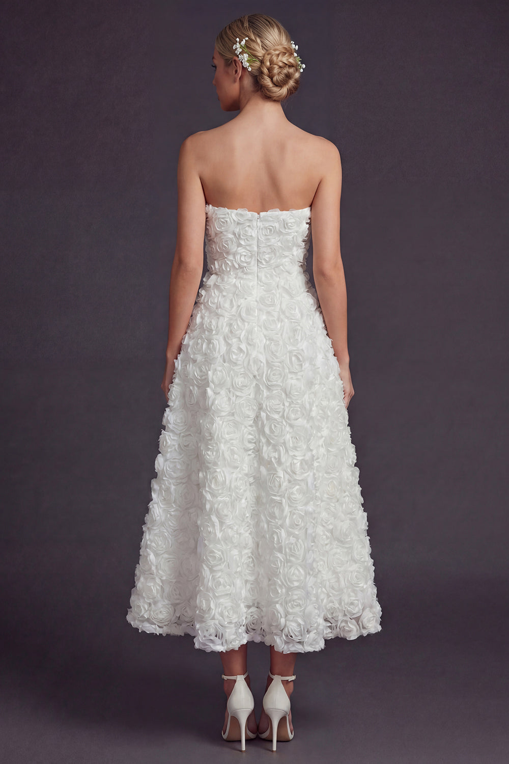 White Strapless A Line Maxi Boho Wedding Reception Dress with 3D Flowers