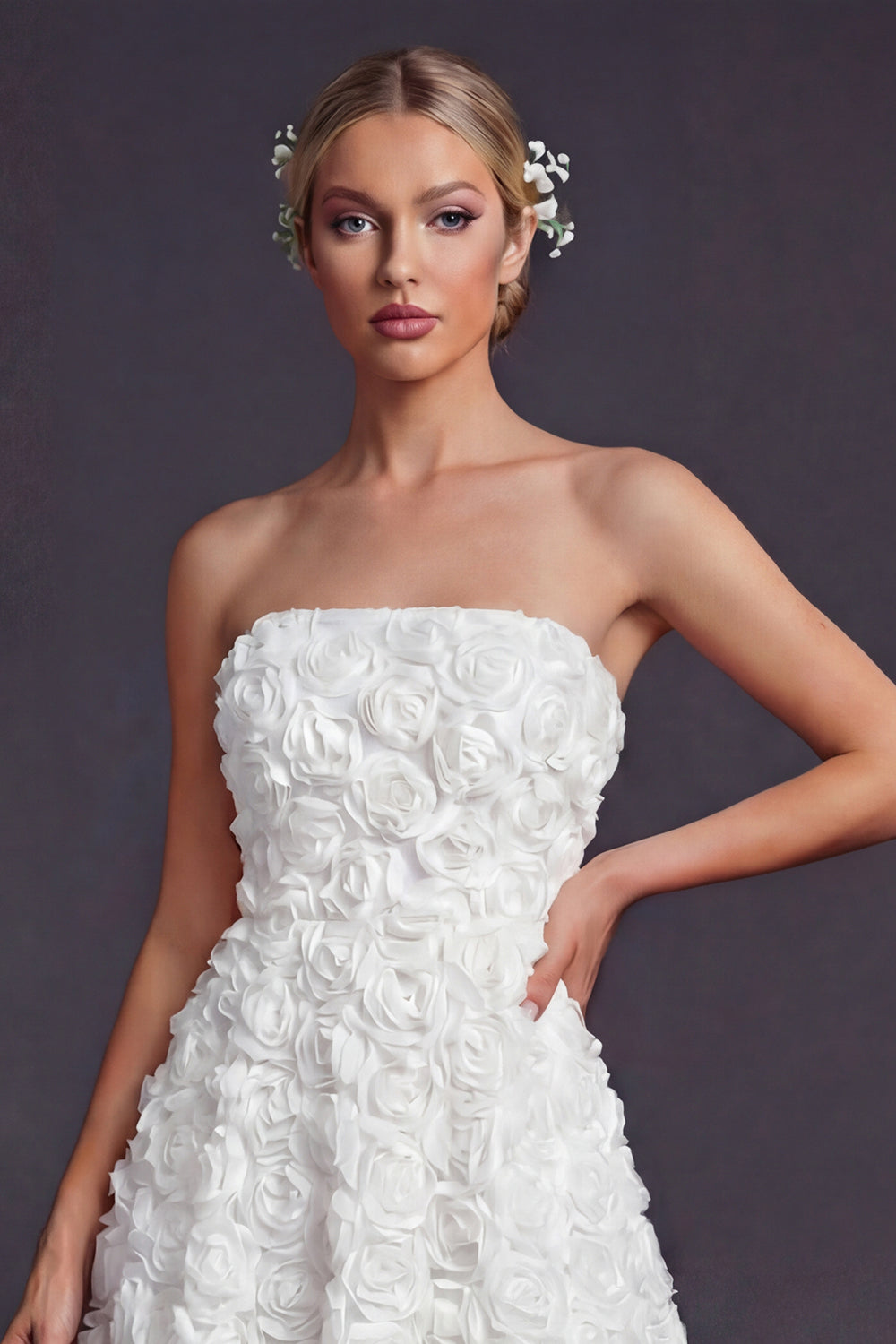 White Strapless A Line Maxi Boho Wedding Reception Dress with 3D Flowers