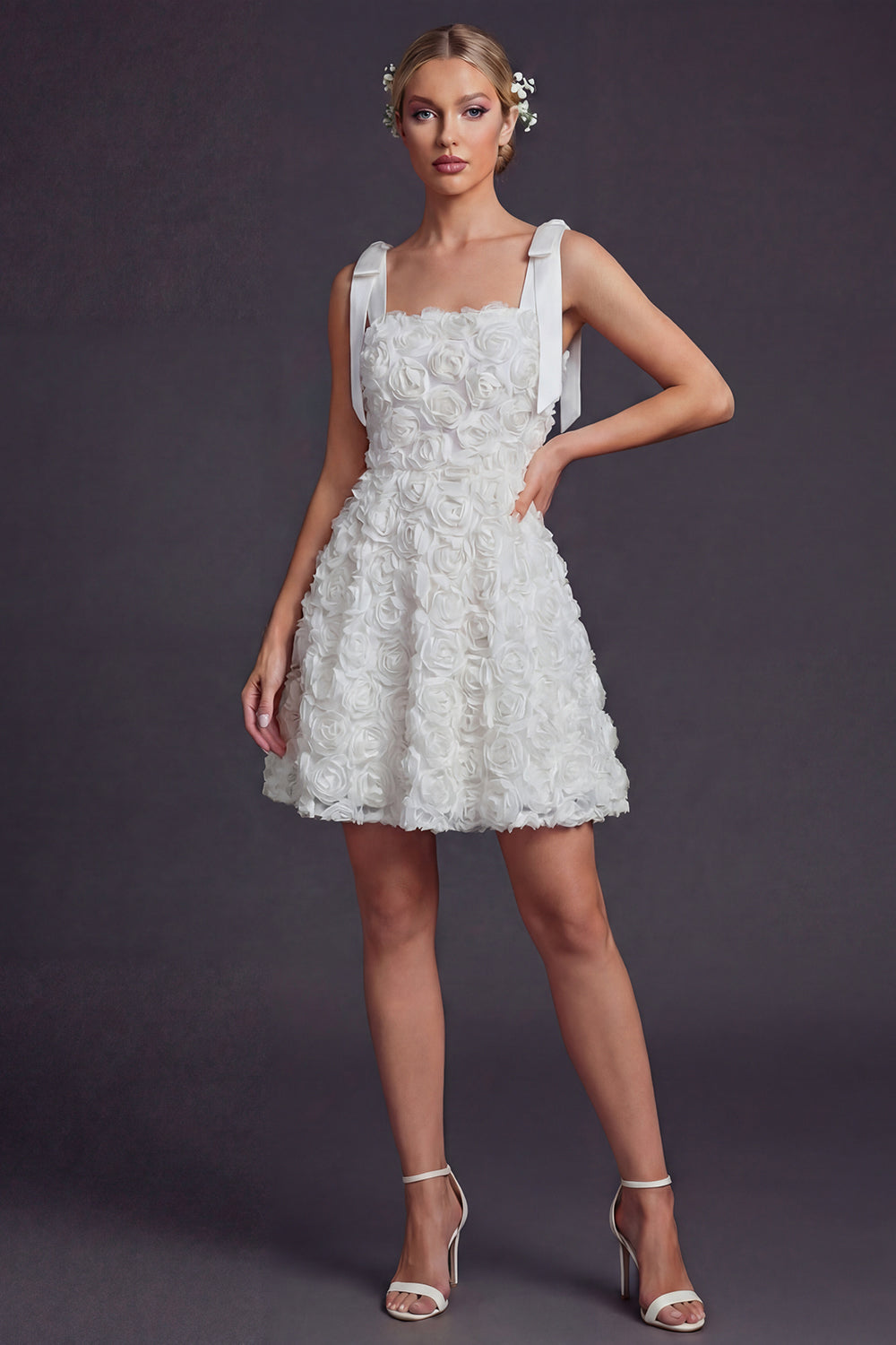 White Square Neck A Line Floral Short Boho Wedding Reception Dress with Bow