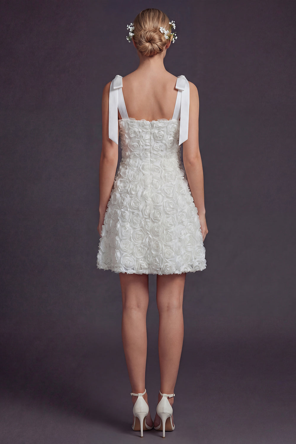 White Square Neck A Line Floral Short Boho Wedding Reception Dress with Bow