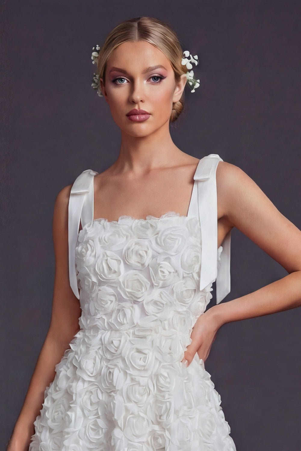 White Square Neck A Line Floral Short Boho Wedding Reception Dress with Bow