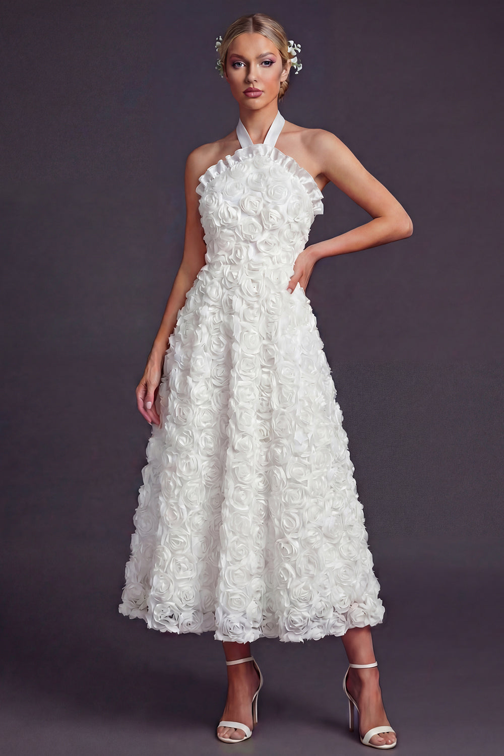 White Halter Maxi Ruffled A Line Boho Wedding Reception Dress with 3D Flowers