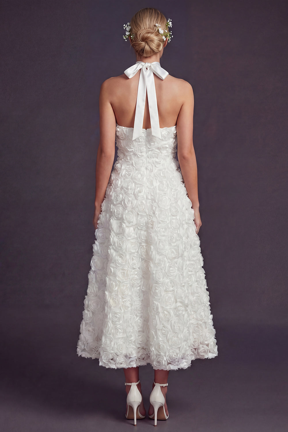 White Halter Maxi Ruffled A Line Boho Wedding Reception Dress with 3D Flowers