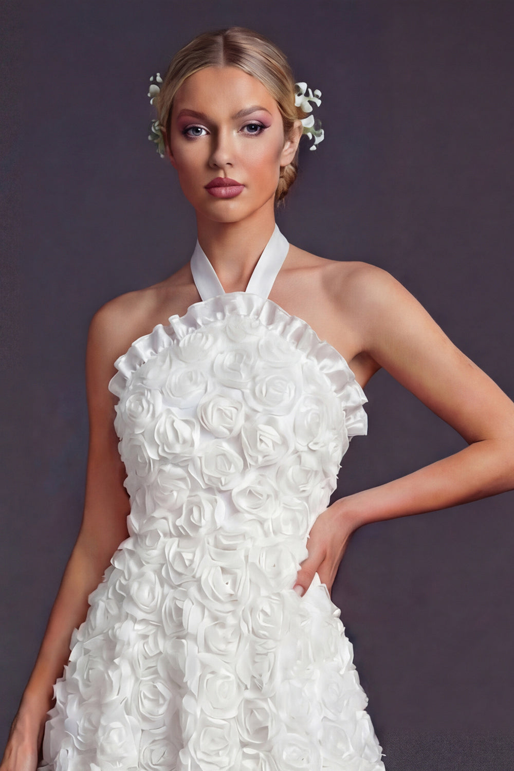 White Halter Maxi Ruffled A Line Boho Wedding Reception Dress with 3D Flowers