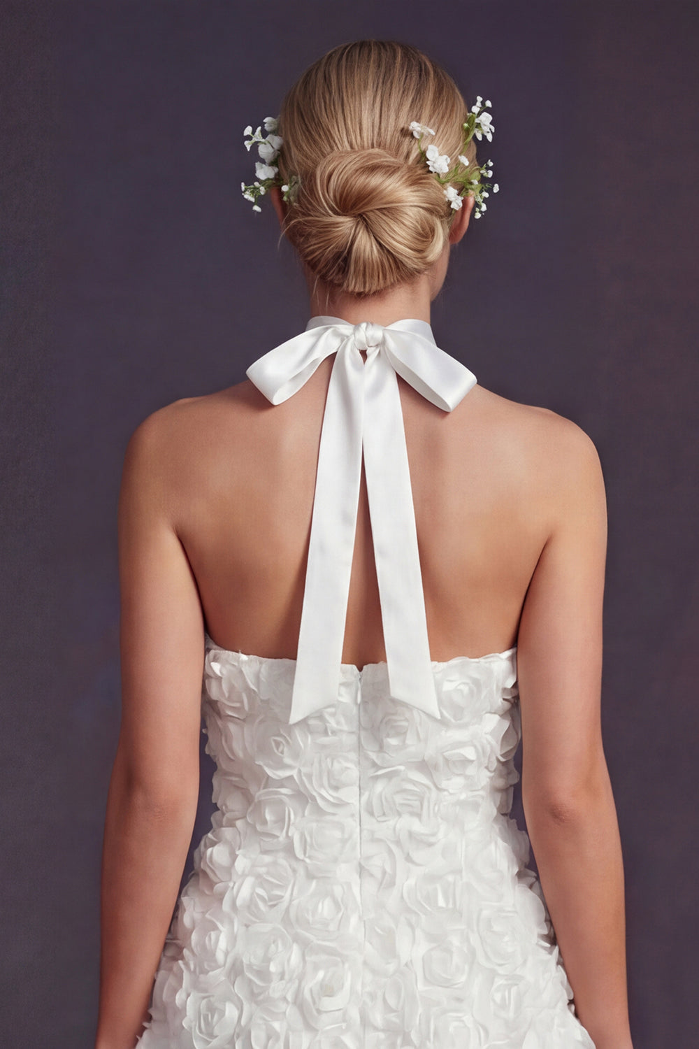 White Halter Maxi Ruffled A Line Boho Wedding Reception Dress with 3D Flowers