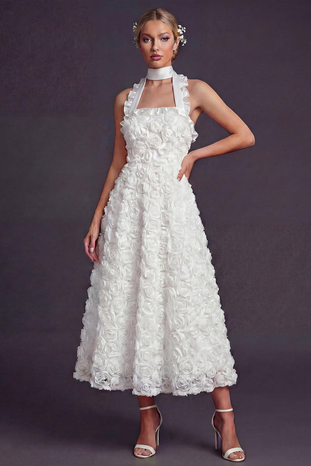 White Halter A Line Ruffled Maxi Boho Wedding Reception Dress with 3D Flowers