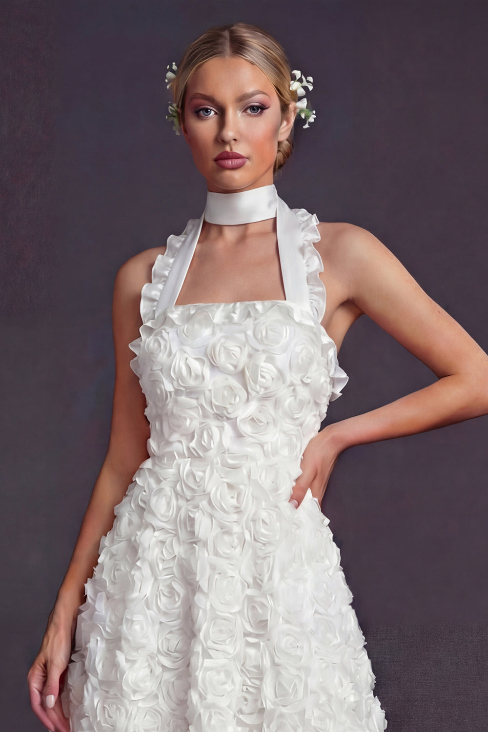 White Halter A Line Ruffled Maxi Boho Wedding Reception Dress with 3D Flowers