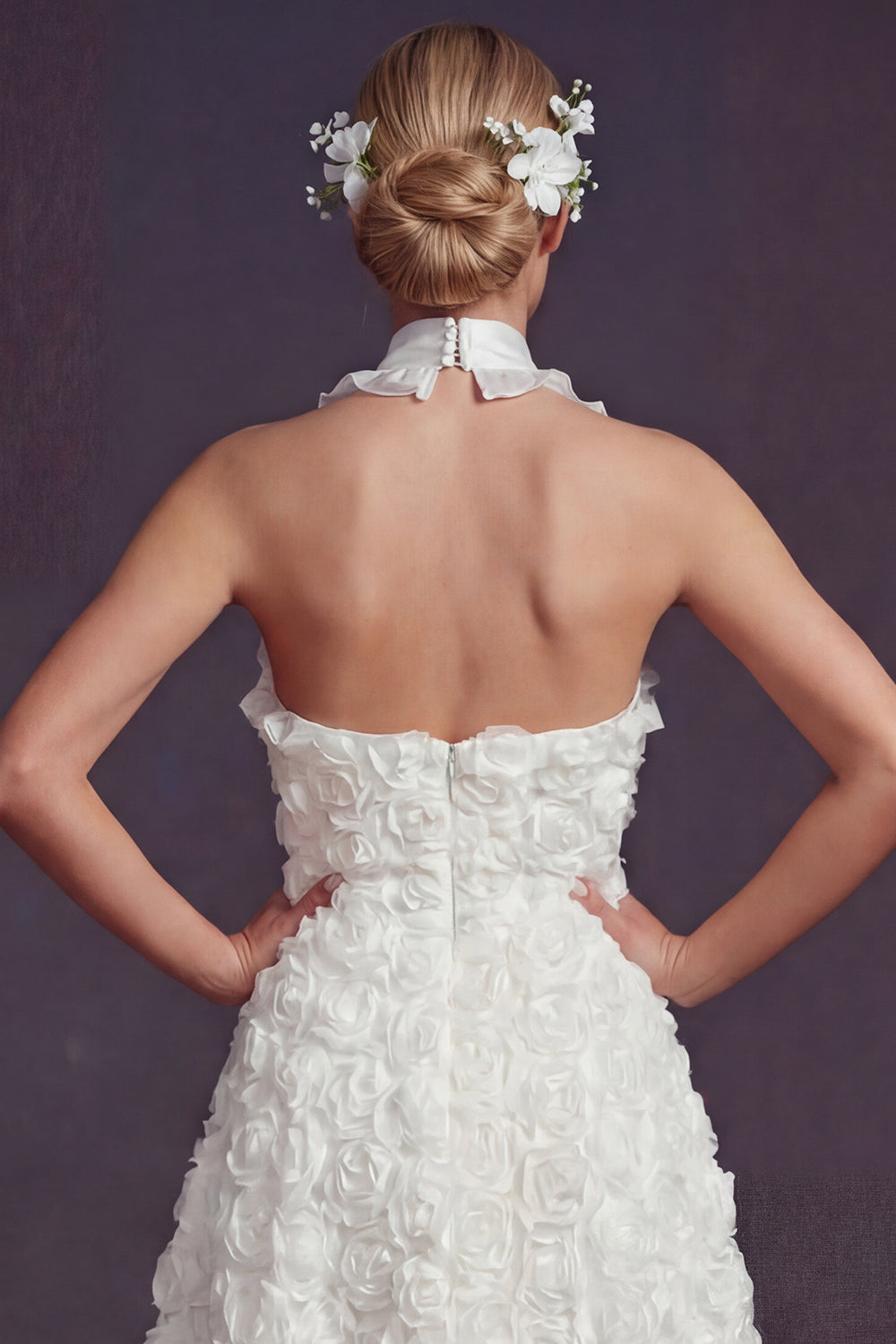 White Halter A Line Ruffled Maxi Boho Wedding Reception Dress with 3D Flowers