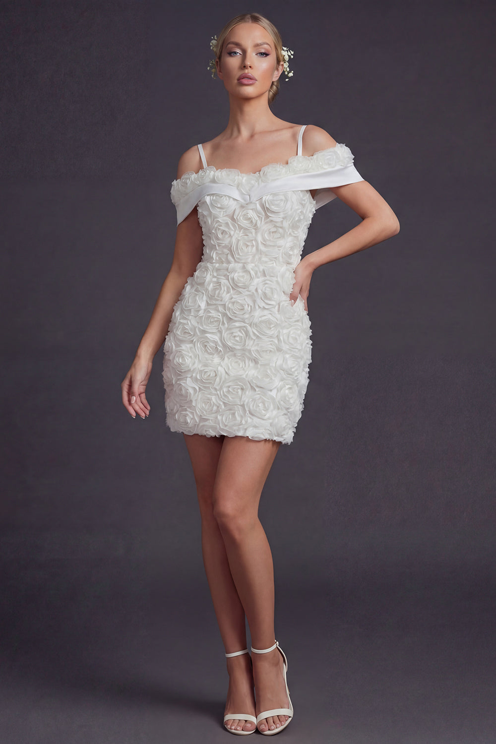 White Cold Shoulder Boho Short Wedding Reception Dress with 3D Flowers