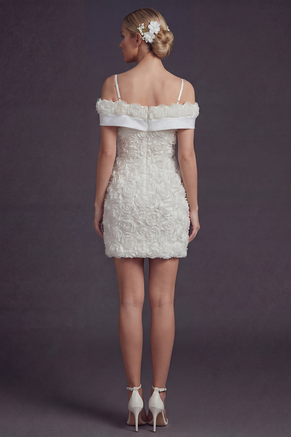 White Cold Shoulder Boho Short Wedding Reception Dress with 3D Flowers