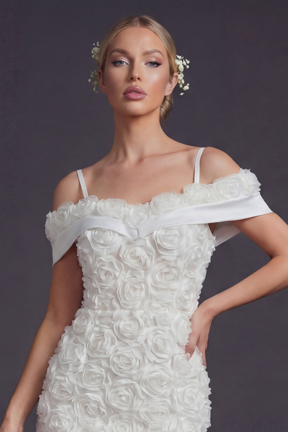 White Cold Shoulder Boho Short Wedding Reception Dress with 3D Flowers
