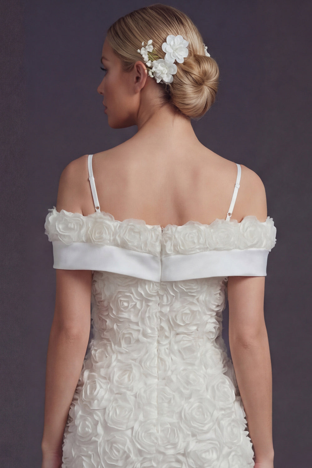 White Cold Shoulder Boho Short Wedding Reception Dress with 3D Flowers