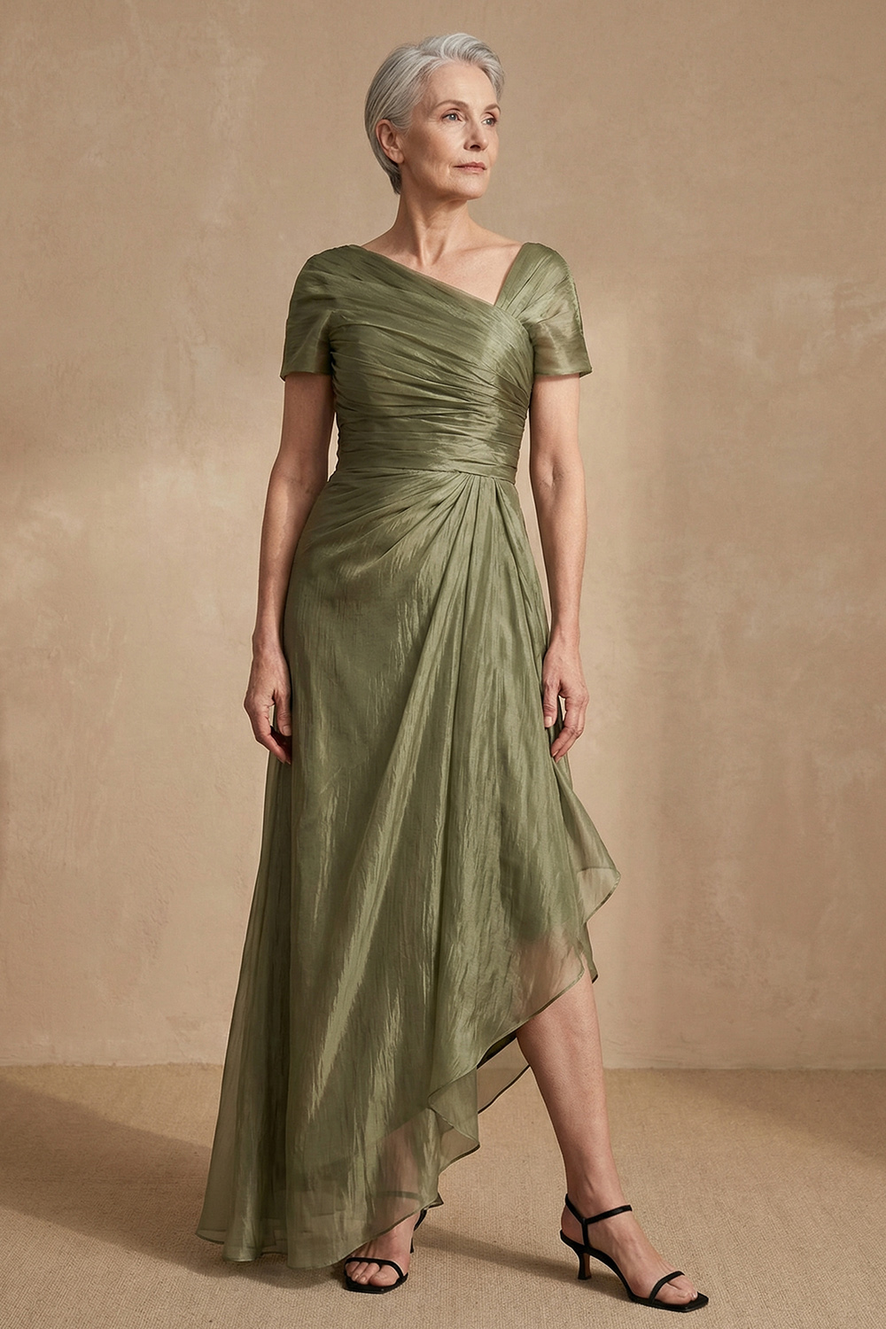 Dusty Sage Chiffon Sheath Asymmetrical Mother of the Bride Dress with Sleeves