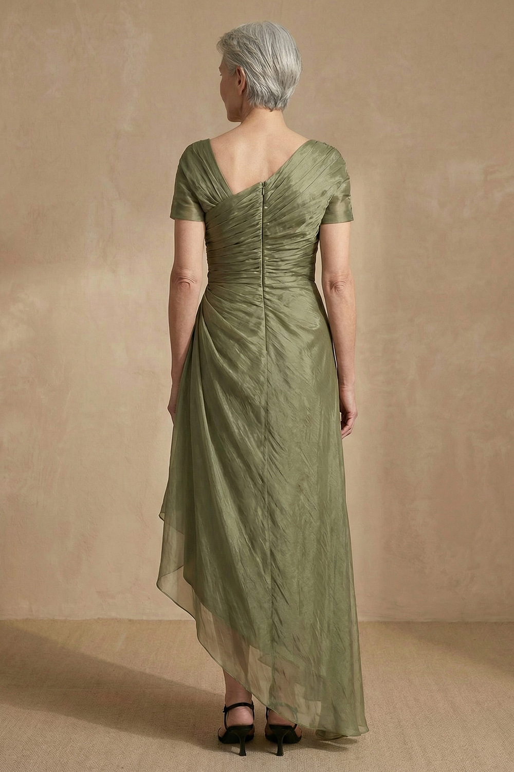 Dusty Sage Chiffon Sheath Asymmetrical Mother of the Bride Dress with Sleeves