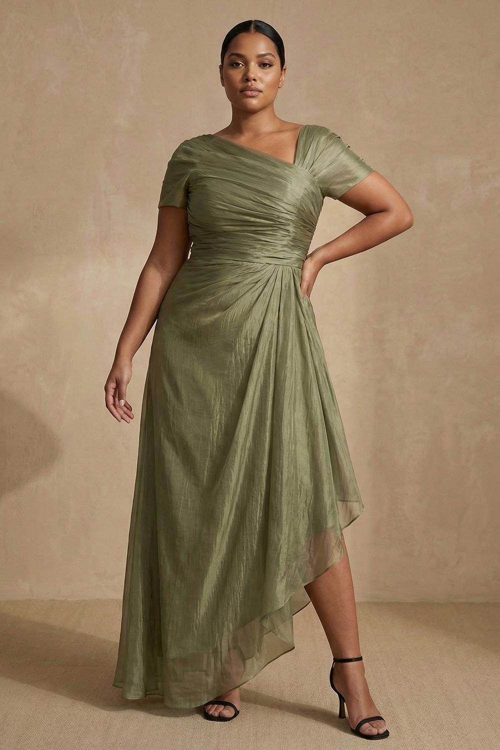 Dusty Sage Chiffon Sheath Asymmetrical Mother of the Bride Dress with Sleeves