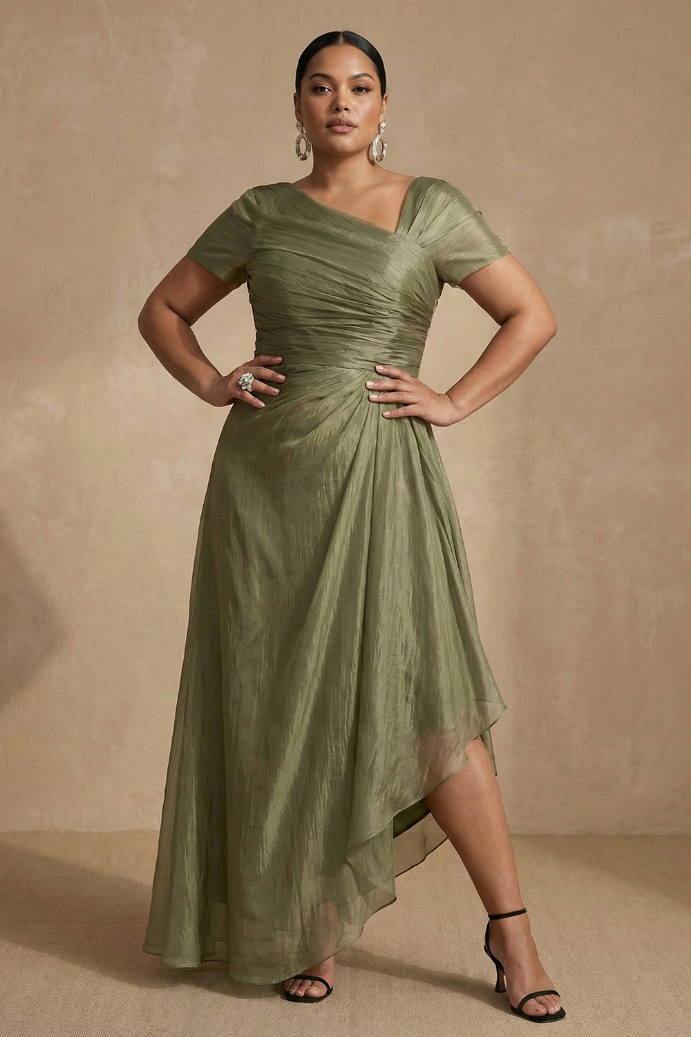 Dusty Sage Chiffon Sheath Asymmetrical Mother of the Bride Dress with Sleeves