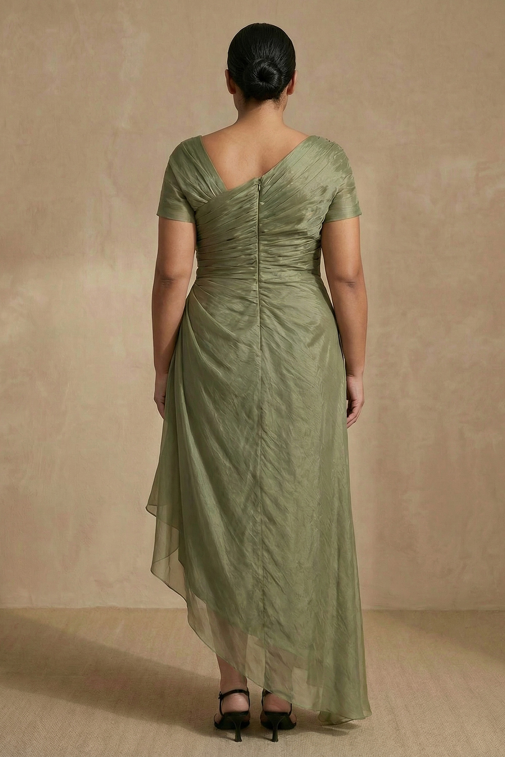 Dusty Sage Chiffon Sheath Asymmetrical Mother of the Bride Dress with Sleeves
