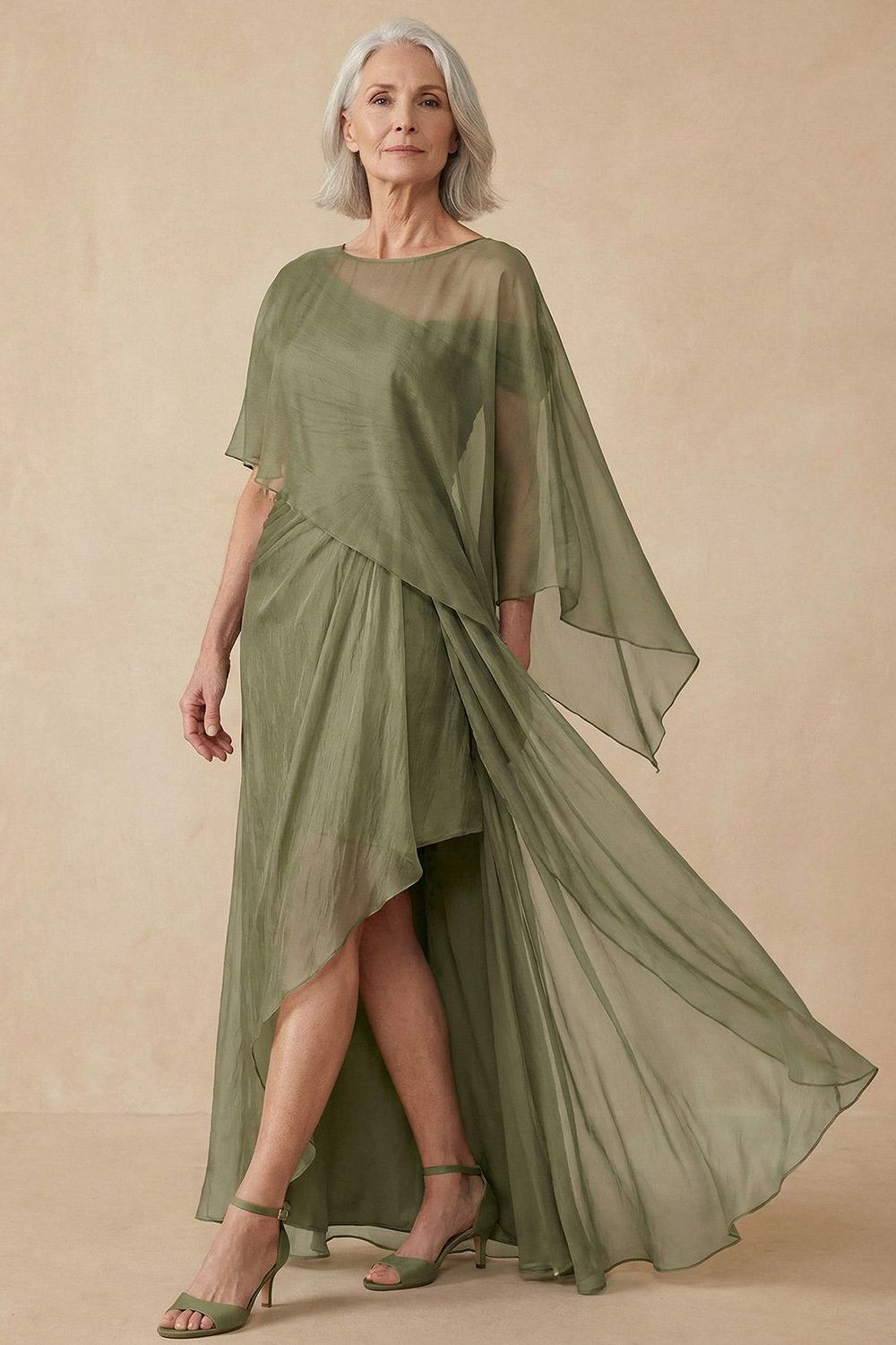 Off The Shoulder Dusty Sage Chiffon Asymmetrical Mother of the Bride Dress with Cape